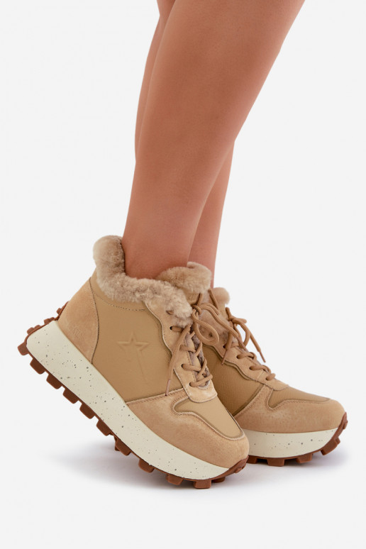 Leer Sneakers model schoenen schoenen Dames met bont met platform Big Star OO274A330 beige Leer Sneakers model schoenen schoenen Dames met bont met platform Big Star OO274A330 beige