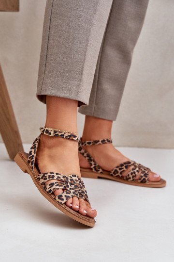 Dames sandalen Dames met brede hakken met luipaardbontpatronen Zazoo 3688 bruine kleur 2