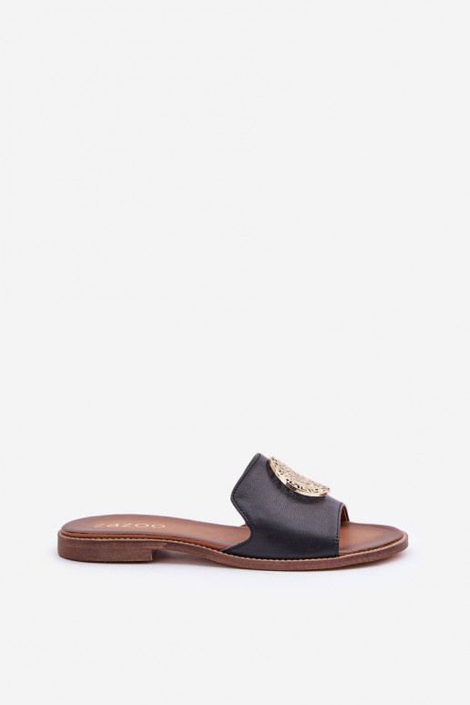 Pantoufles en cuir avec des ornements avec des talons larges Zazoo 3047/O couleur noire Pantoufles en cuir avec des ornements avec des talons larges Zazoo 3047/O couleur noire