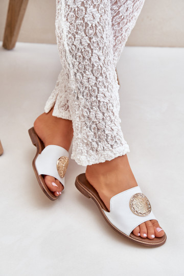 Leren slippers met ornamenten en brede hakken Zazoo 3047/O witte kleur