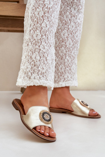 Leren slippers met ornamenten en brede hakken Zazoo 3047/O gouden kleur 2