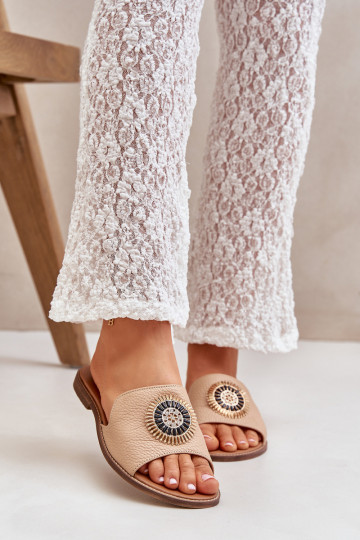 Lederhausschuhe mit Ornamenten mit breiten Absätzen LeZuski 3047/O Beige