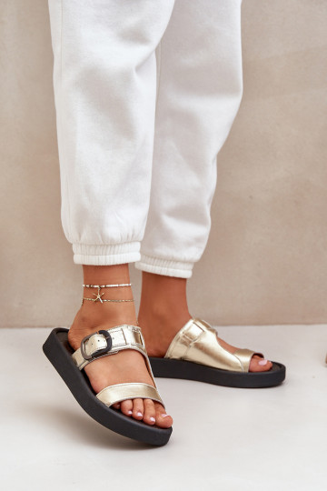 Lederhausschuhe Feminin mit einer Plattform Zazoo 3024 goldene Farbe 2