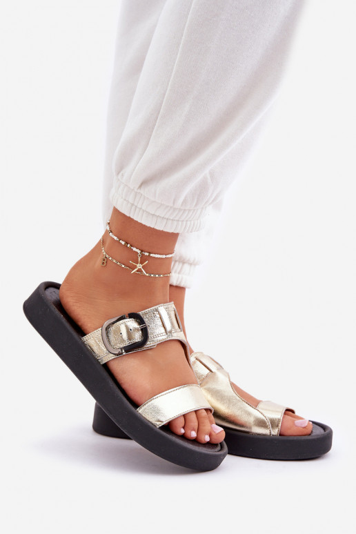 Leren pantoffels Dames met platform Zazoo 3024 gouden kleur Leren pantoffels Dames met platform Zazoo 3024 gouden kleur