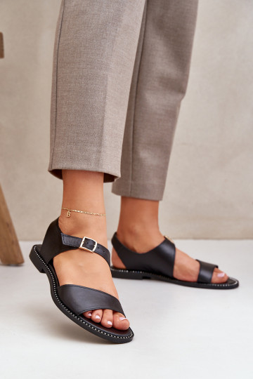 Leren platte dames sandalen Zazoo 3014 zwarte kleur