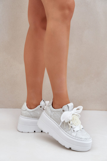 Leer Sneakers model schoenen met platform CheBello 4658 zilvere kleur