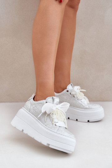 Leer Sneakers model schoenen met platform CheBello 4658 zilvere kleur 2