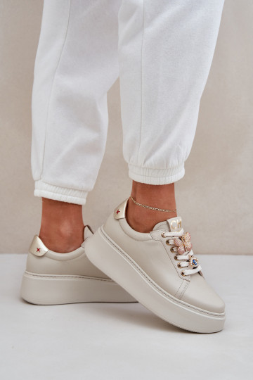 Dames Leer Sneakers model schoenen met platform met mooie details CheBello 4292 ivoor 2