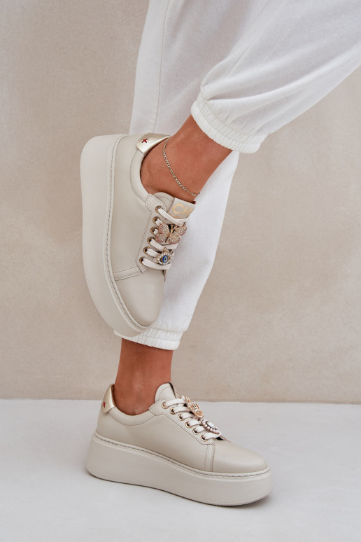 Dames Leer Sneakers model schoenen met platform met mooie details CheBello 4292 ivoor Dames Leer Sneakers model schoenen met platform met mooie details CheBello 4292 ivoor