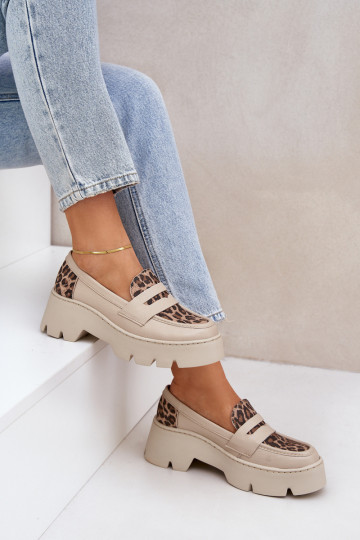 Leer Damesmocassins op het platform En platte hakken met luipaardbontpatronen Zazoo 20191 ivoor
