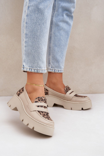 Peau Mocassins plateforme femme Et des talons plats avec des motifs en fourrure de léopard Zazoo 20191 couleur ivoire 2