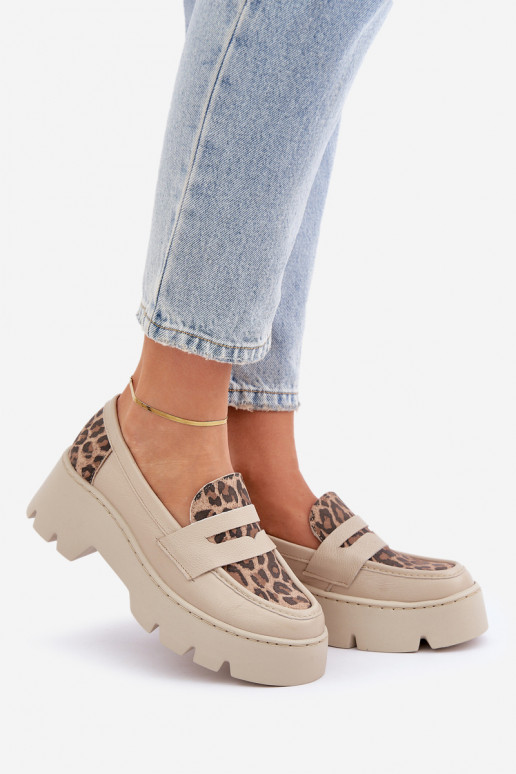 Peau Mocassins plateforme femme Et des talons plats avec des motifs en fourrure de léopard Zazoo 20191 couleur ivoire Peau Mocassins plateforme femme Et des talons plats avec des motifs en fourrure de léopard Zazoo 20191 couleur ivoire