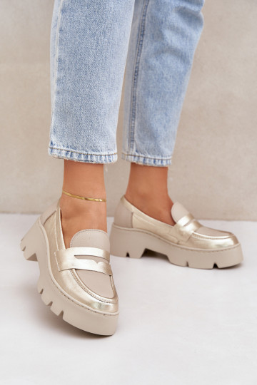 Leer Damesmocassins op het platform En platte hakken Zazoo 20191 gouden kleur 2