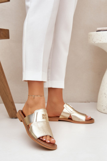 Eleganter Stil Hausschuhe Aus Ermöglichtturleder mit breiten Absätzen Zazoo 40423 goldene Farbe