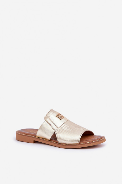 Elegante stijl Slippers Gemaakt van natuurlijk leer met brede hakken Zazoo 40423 gouden kleur Elegante stijl Slippers Gemaakt van natuurlijk leer met brede hakken Zazoo 40423 gouden kleur