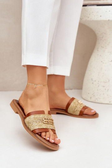 Leren pantoffels Met sierlijk Detalem I Plecionką Zazoo 40426 bruine kleur 2