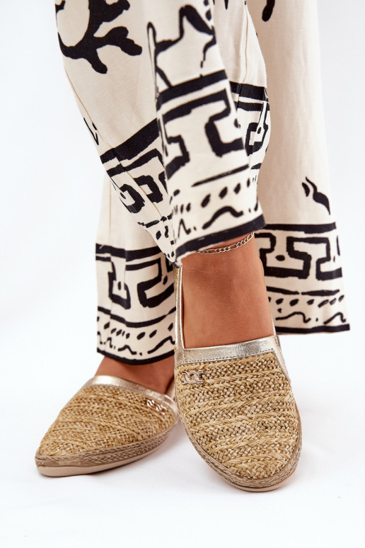 Elegante stijl Leren espadrilles Met Vlecht Zazoo 10178 beige-gouden kleur