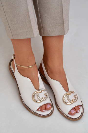 Damensandalen mit breiten Absätzen mit Ornamenten Laura Messi 2865 elfenbeinfarbe