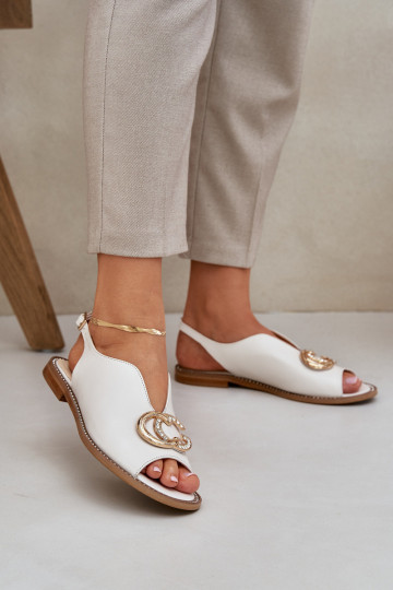 Damensandalen mit breiten Absätzen mit Ornamenten Laura Messi 2865 elfenbeinfarbe 2