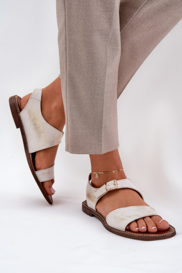 Sandales en cuir à semelle plate pour femmes Zazoo 3014 couleur or usé