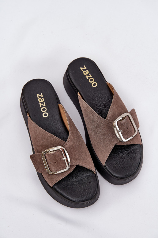 Dames suède pantoffels met gespen met platform Zazoo 3019 bruine kleur Dames suède pantoffels met gespen met platform Zazoo 3019 bruine kleur