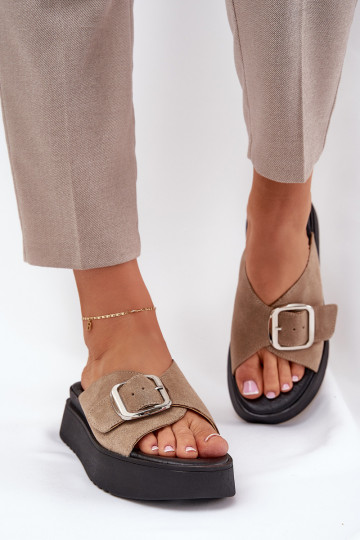 Dames suède pantoffels met gespen met platform Zazoo 3019 beige