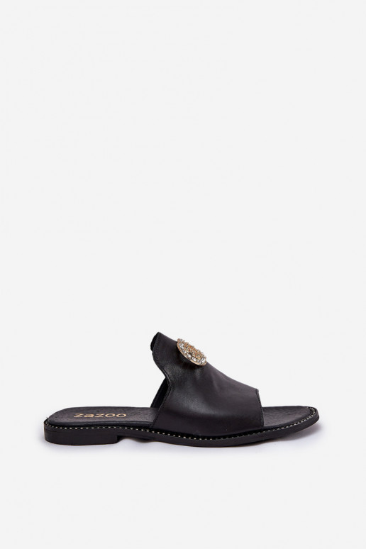 Style élégant Pantoufles en cuir Féminin avec des ornements Zazoo 3008 couleur noire Style élégant Pantoufles en cuir Féminin avec des ornements Zazoo 3008 couleur noire