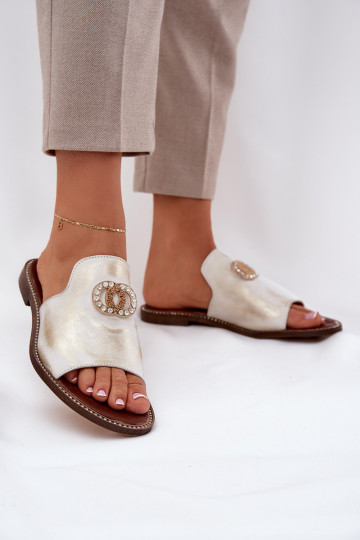 Elegante stijl Leren pantoffels Dames met ornamenten Zazoo 3008 gouden kleur Przecierany 2