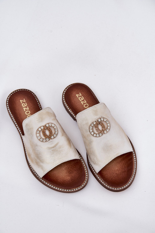 Elegante stijl Leren pantoffels Dames met ornamenten Zazoo 3008 gouden kleur Przecierany Elegante stijl Leren pantoffels Dames met ornamenten Zazoo 3008 gouden kleur Przecierany