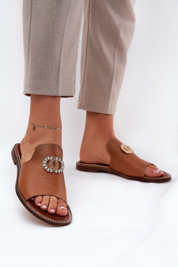 Eleganter Stil Lederhausschuhe Feminin mit Ornamenten Zazoo 3008 braune Farbe 2