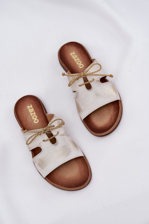 Lederhausschuhe Feminin mit breiten Absätzen Zazoo 3022 goldene Farbe Przecierany Lederhausschuhe Feminin mit breiten Absätzen Zazoo 3022 goldene Farbe Przecierany