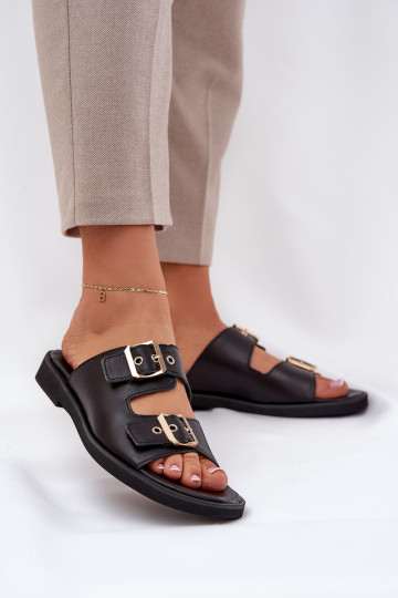 Pantoufles en cuir à semelle plate avec boucles Zazoo 3020 couleur noire