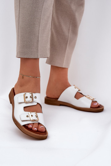 Zazoo 3020 flache Leder-Slipper mit Schnallen in Weiß 2