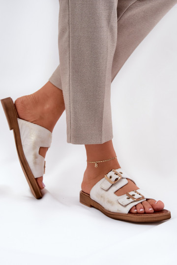 Zazoo 3020 leren platte slippers met gespen in versleten goudkleur