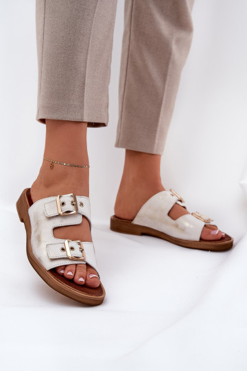 Zazoo 3020 leren platte slippers met gespen in versleten goudkleur 2