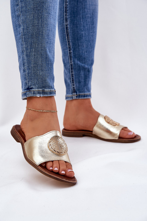 Zazoo 2938 Leren pantoffels met brede hakken met ornamenten gouden kleur Zazoo 2938 Leren pantoffels met brede hakken met ornamenten gouden kleur