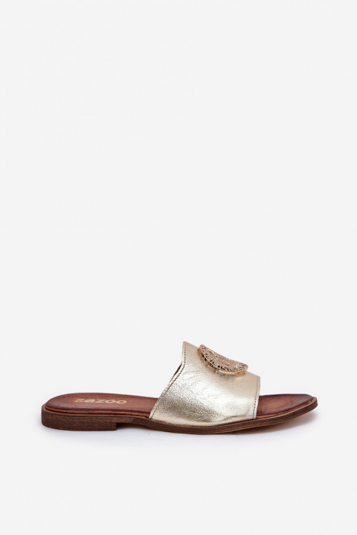 Zazoo 2938 Lederhausschuhe mit breiten Absätzen mit Ornamenten goldene Farbe Zazoo 2938 Lederhausschuhe mit breiten Absätzen mit Ornamenten goldene Farbe