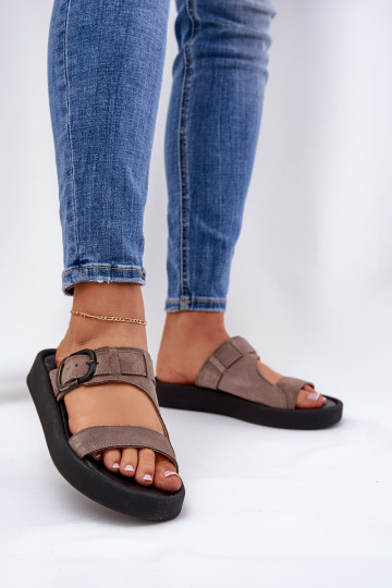 Dames suède pantoffels met platform Zazoo 3024 bruine kleur