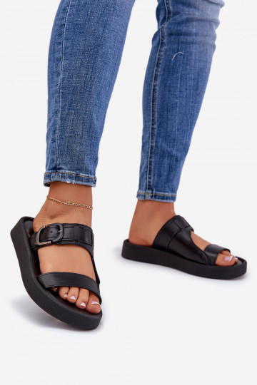 Pantoufles en cuir pour femmes avec plateforme Zazoo 3024 couleur noire