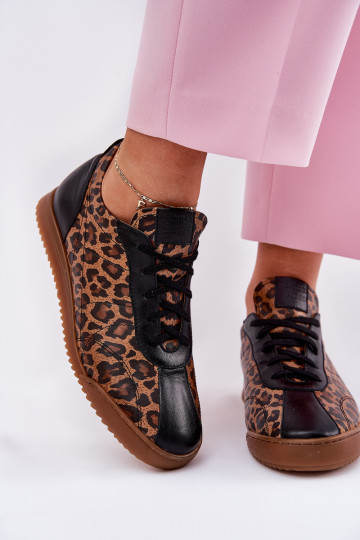 Leer sportschoenen Dames met luipaardbontpatronen Laura Messi 2935 bruine kleur