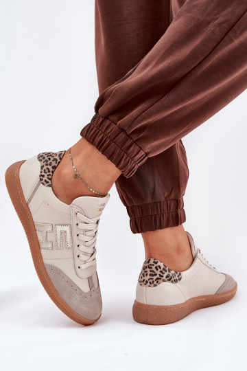 Leer sportschoenen Sneakers model schoenen Dames met luipaardbontpatronen CheBello 4640 beige