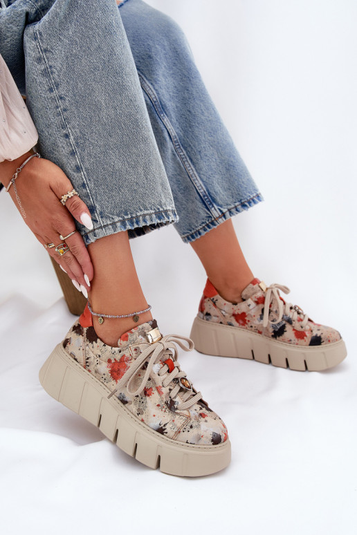 Leer Sneakers model schoenen met platform Het heeftciejka 06891-18 beige