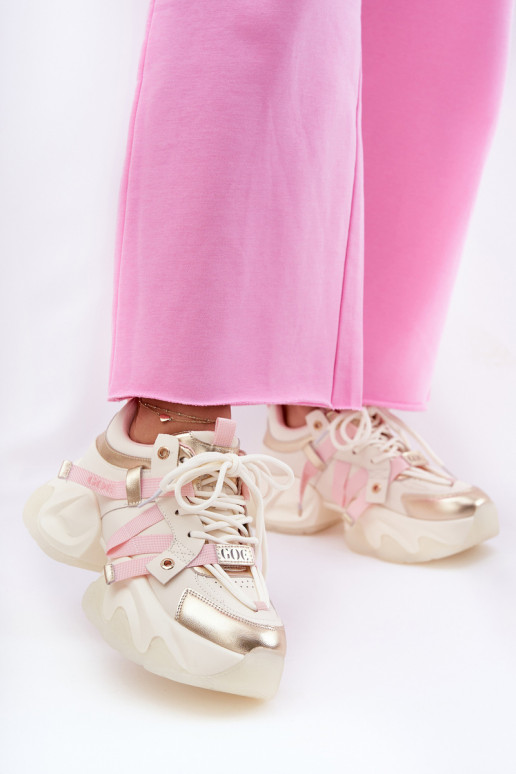 Leer Sneakers model schoenen Dames met trendy massieve zolen GOE RR2N4031 beige