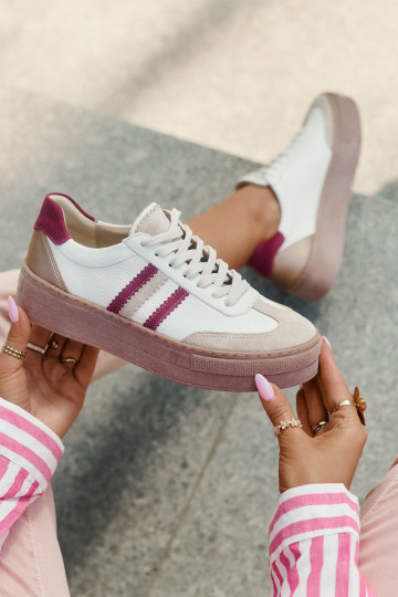 Leer Sneakers model schoenen Dames met platform Zazoo N1234 beige-bordeaux