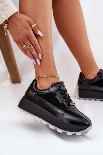 Leren dames sneakers met platform Big Star RR274873 HI-POLY SYSTEM zwarte kleur