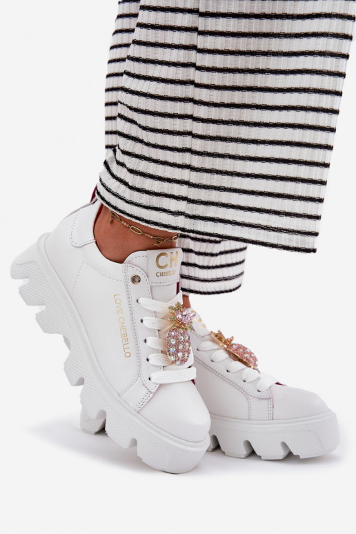 Peau Chaussures modèle baskets décorer Broszką Ananas CheBello 4651 couleur blanche Peau Chaussures modèle baskets décorer Broszką Ananas CheBello 4651 couleur blanche