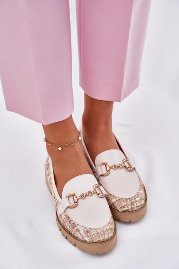 Haut Mokassins für Damen Ze goldene Farbem Detalem Laura Messi 2938 elfenbeinfarbe