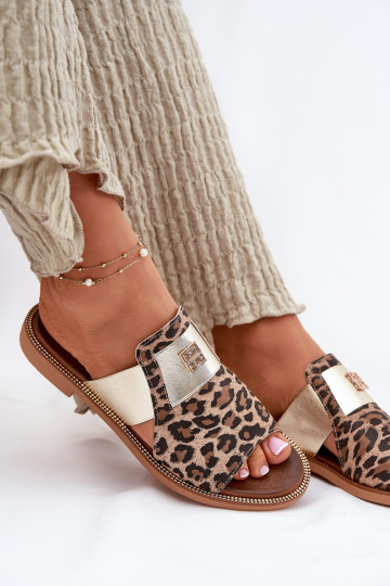 Chaussons élégants en cuir naturel avec talons larges et motif léopard Zazoo 40423