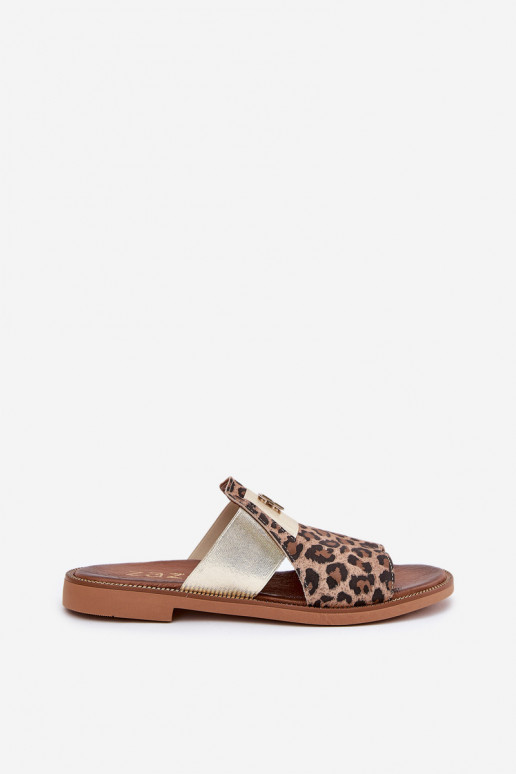 Style élégant Chaussons Fabriqué en cuir naturel avec des talons larges Zazoo 40423 avec des motifs en fourrure de léopard Style élégant Chaussons Fabriqué en cuir naturel avec des talons larges Zazoo 40423 avec des motifs en fourrure de léopard