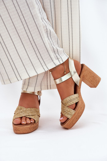 Gouden dames sandalen met hakjes en gevlochten band Zazoo 40460 2